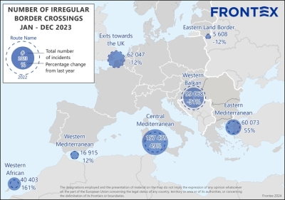 Frontex reveals EU’s soaring border crisis: irregular crossings surge to 380,000 in 2023